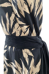 Gorgeous 1980s Valentino Haute Couture Black & Ivory Silk Print Plunging Halter Dress