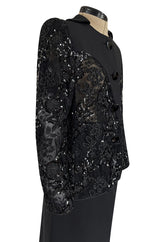 1980s Ady Couture Lausanne Transparent Lace & Sequin Jacket Suit w Black Pencil Skirt