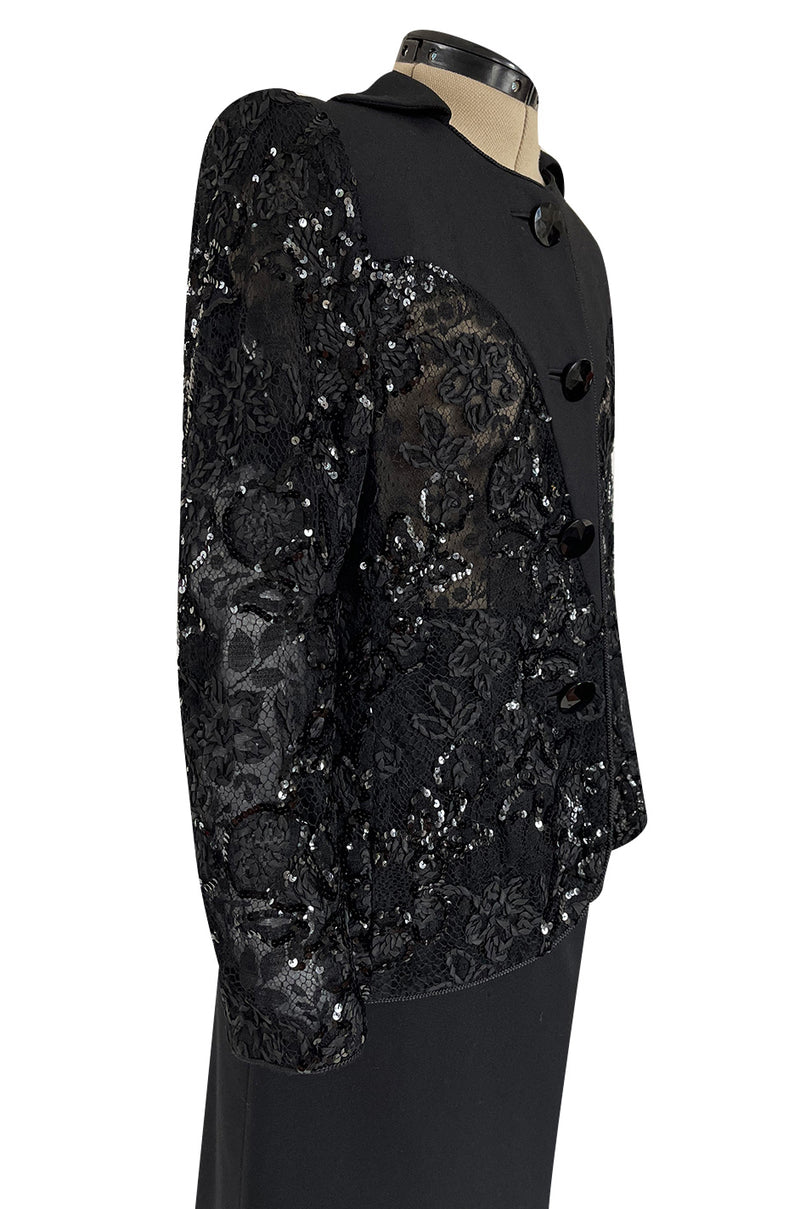 1980s Ady Couture Lausanne Transparent Lace & Sequin Jacket Suit w Black Pencil Skirt