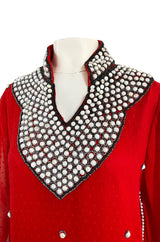 Striking 1970s Red Dotted Chiffon White Beaded Caftan Dress w Kimono Sleeves