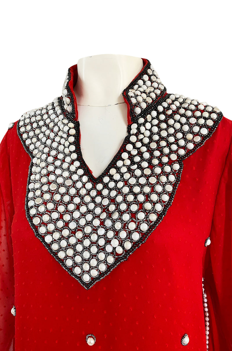Striking 1970s Red Dotted Chiffon White Beaded Caftan Dress w Kimono Sleeves