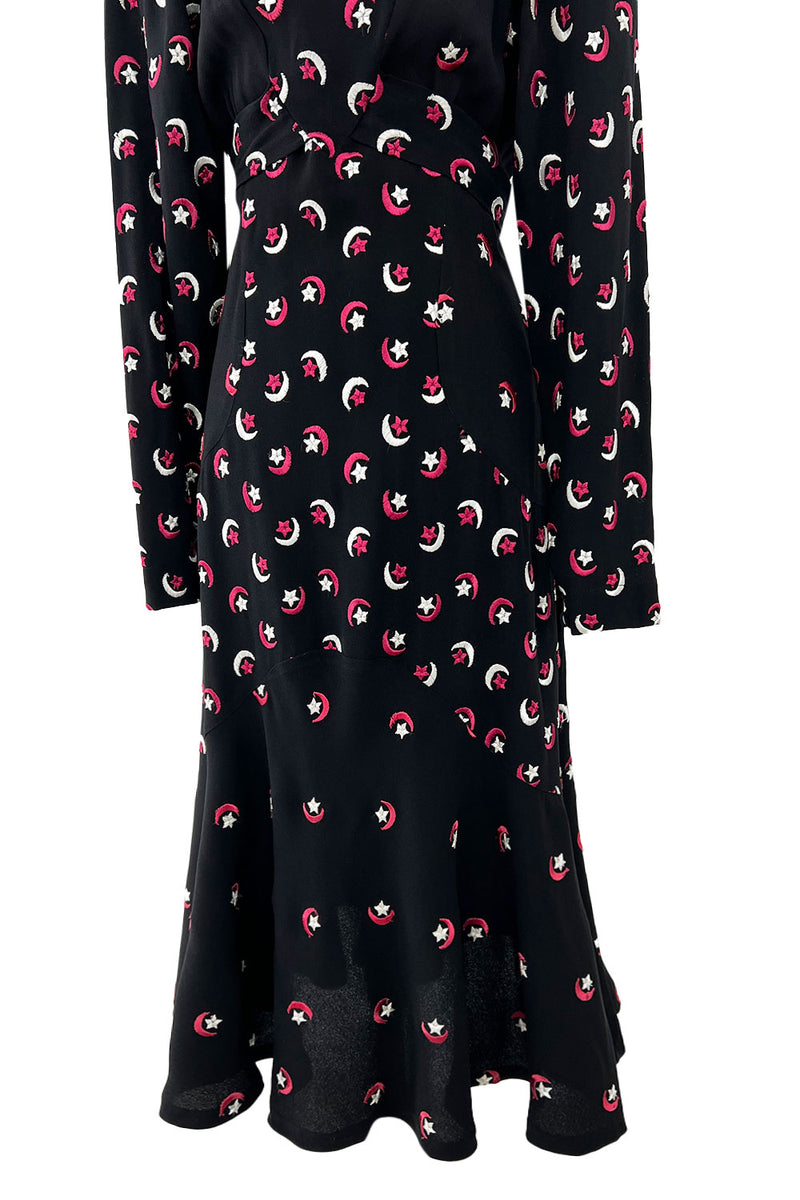 Wonderful 1971 Ossie Clark Moss Crepe Dress w Celia Birtwell Moon & Star Embroidery