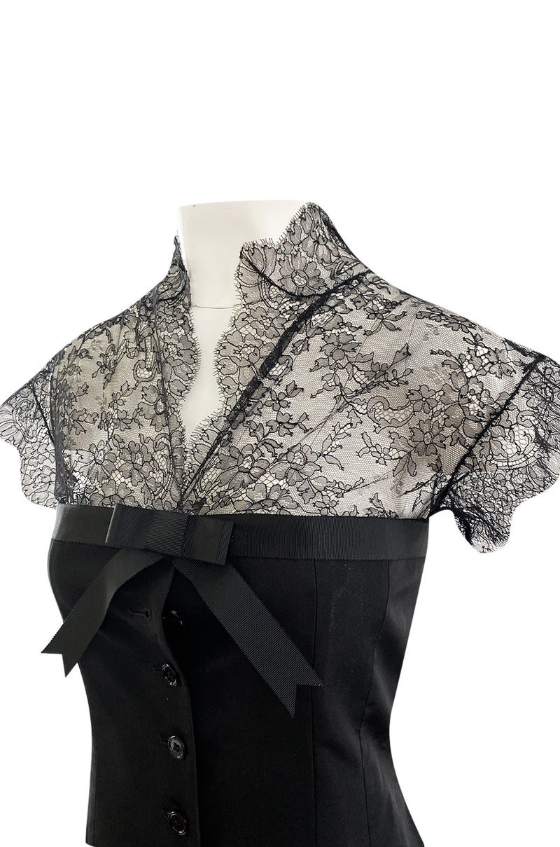 Spring 2004 Alexander McQueen Black Silk Taffeta and Black Lace Detailed Top & Skirt Set