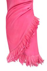 Stunning 1980s Ady Couture Rich Sueded Pink Silk Dress w Elaborate Pink Feather Trim