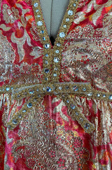 Stunning 1960s Malcolm Starr Light Silk Brocade Coral Red & Gold Metallic Thread Dress