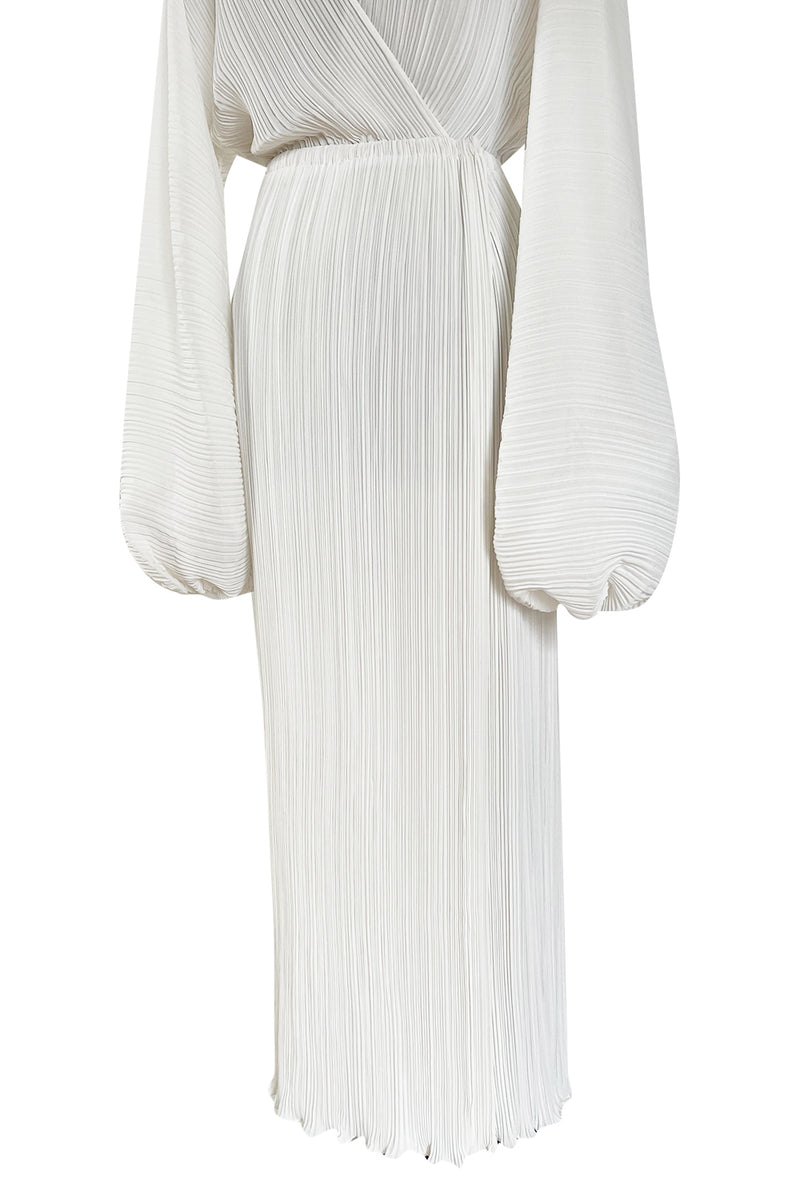 Incredible Spring 1978 Halston Plunged & Pleated White Wrap Silk Chiffon Runway Dress