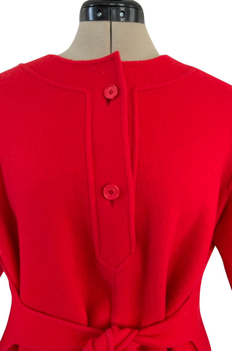 Unusual 1970s Valentino Boutique Red Wool Wrap & Tie Dress w Open Sides and Button Neck