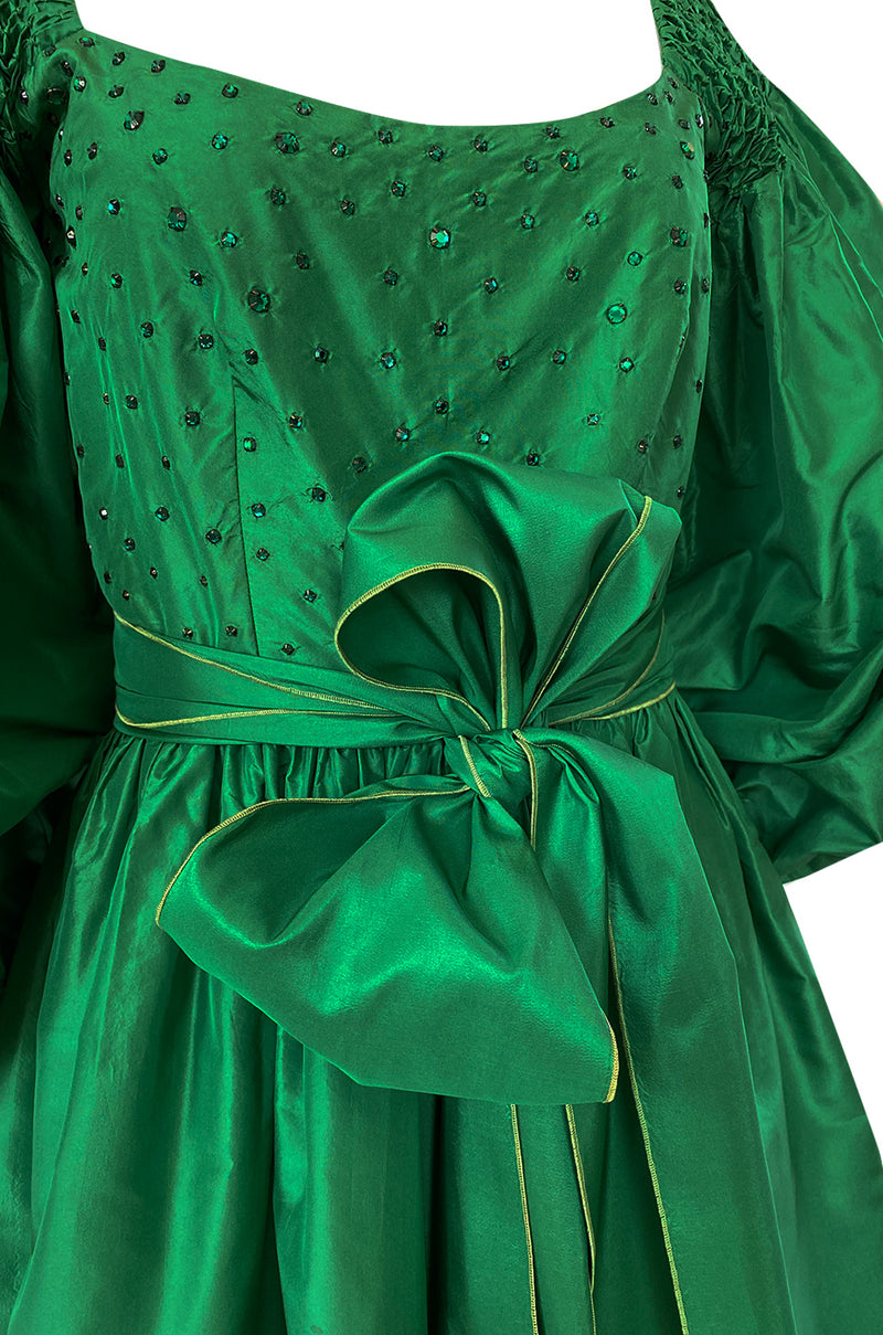 1960s Richiline Emerald Green Silk Dress w Pouf Sleeves & Rhinestone D Shrimpton Couture 1960s Richiline Emerald Green Silk Dress w Pouf Sleeves & Rhinestone D Shrimpton Couture