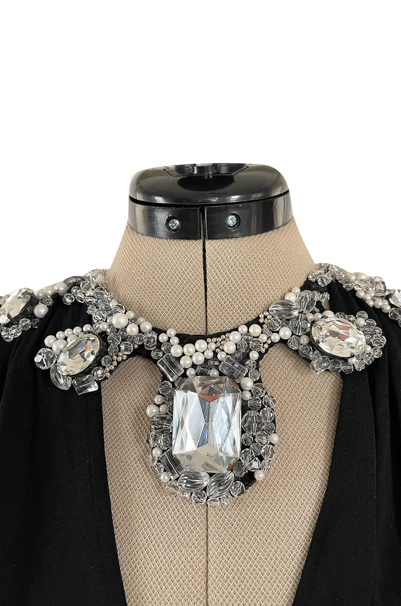 Incredible 1970s Loris Azzaro Black Silk Jersey Dress w Huge Attached Jewel Collar & Jewelled Belt