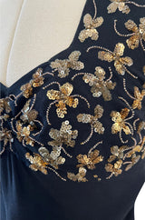 Incredible 1930s Black Moss Silk Crepe Dress Densely Covered w Rare Gelatin Sequins & Seed Beads
