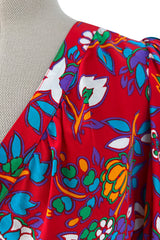 Prettiest Spring 1983 Yves Saint Laurent Runway Printed Floral Red Silk Dress w Tie Belt