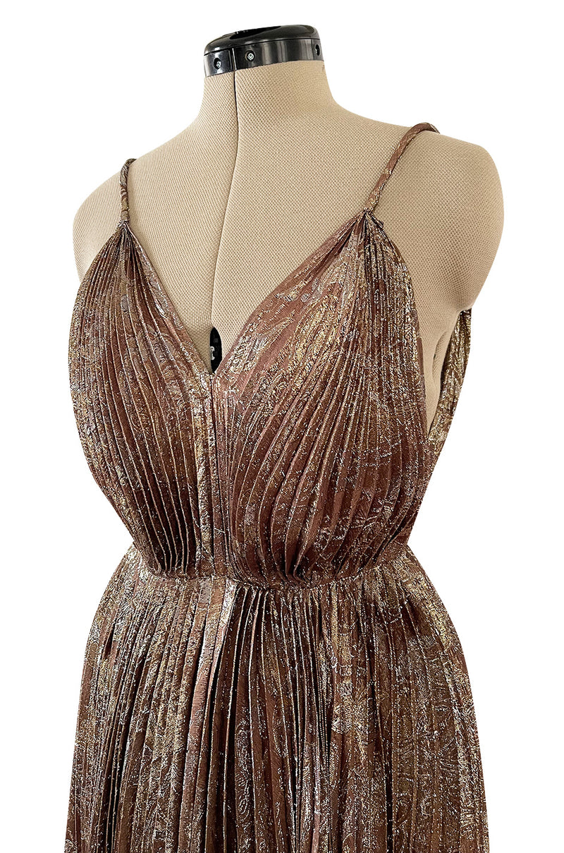 Incredible Spring 1977 Jean Patou by Angelo Tarlazzi Plunging Bronze Silk Lame Metallic Pleat Dress