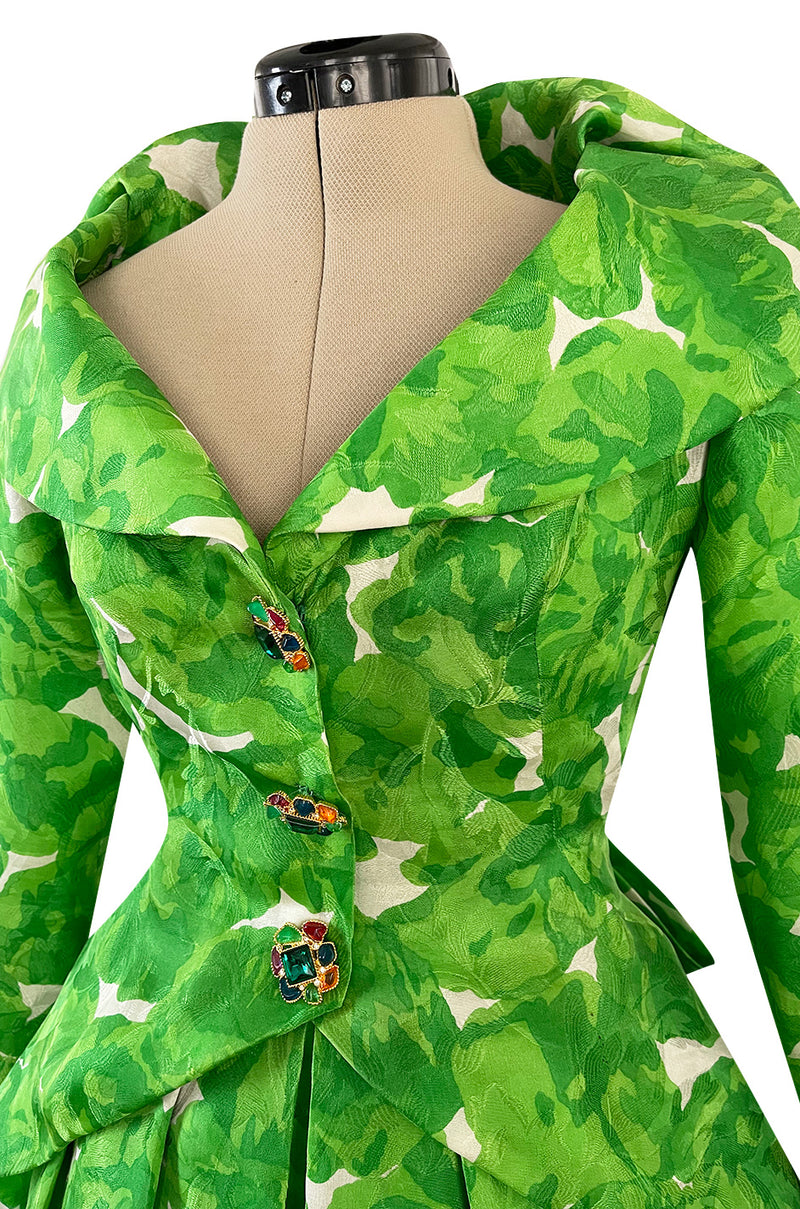 1980s Jean Louis Scherrer Couture Printed Green Silk Gazar Dress w Poured Glass Gripoix Buttons