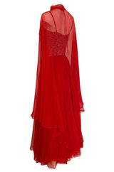 1960s Unlabeled Red Silk Chiffon & Sequin Dress w Matching Cape
