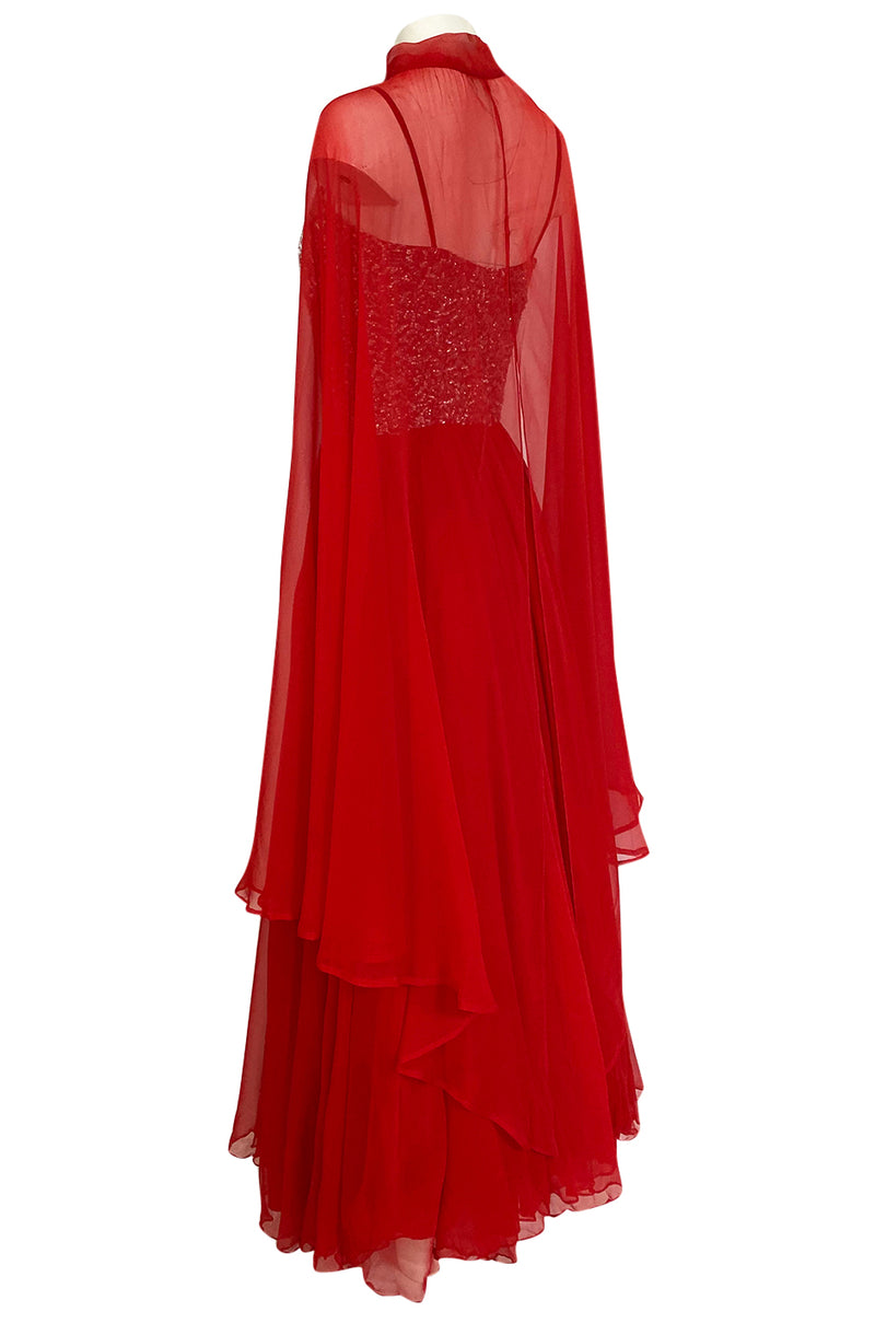 1960s Unlabeled Red Silk Chiffon & Sequin Dress w Matching Cape