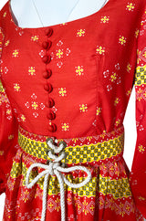 Spring 1971 Oscar de la Renta Red Printed Dress w Pouf Sleeves & Original Belt