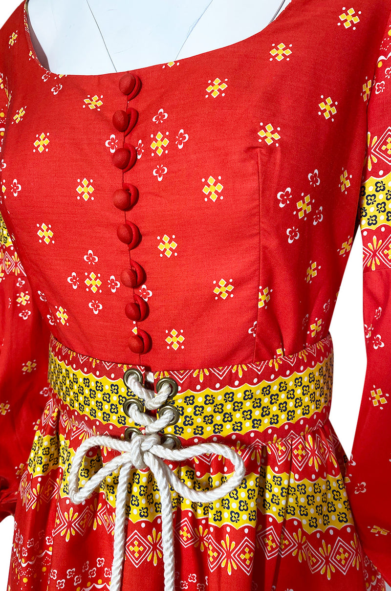 Spring 1971 Oscar de la Renta Red Printed Dress w Pouf Sleeves & Original Belt