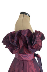 1970s Victor Costa Iridescent Deep Burgundy Purple Silk Taffeta Dress with Strapless Ruffled Neckline