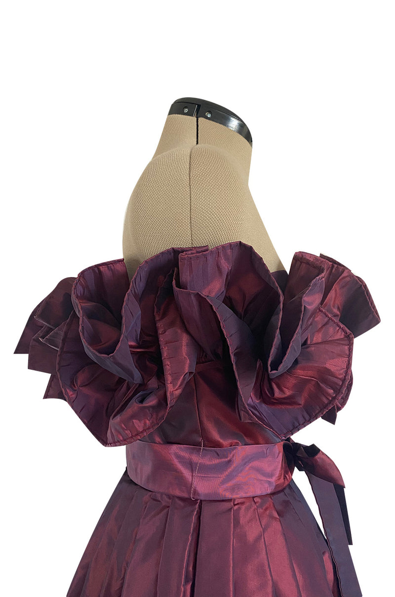 1970s Victor Costa Iridescent Deep Burgundy Purple Silk Taffeta Dress with Strapless Ruffled Neckline