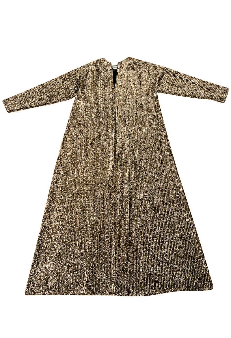 Fabulous 1970s Halston Metallic Gold & Black Lame Lurex Full Length Caftan Dress w Notched Neckline