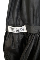 1972 Bill Blass Black Silk Taffeta Dress w Attached Silk Organza Skirt & Open Ruffled Back
