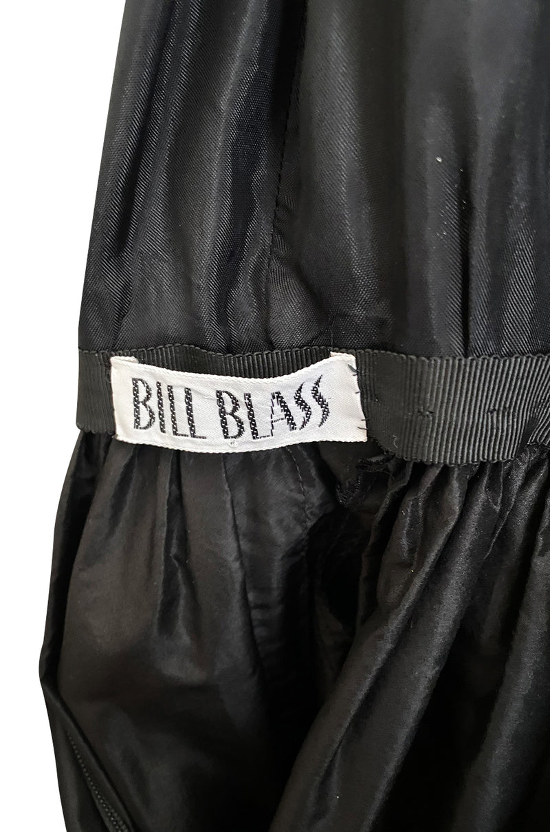 1972 Bill Blass Black Silk Taffeta Dress w Attached Silk Organza Skirt & Open Ruffled Back