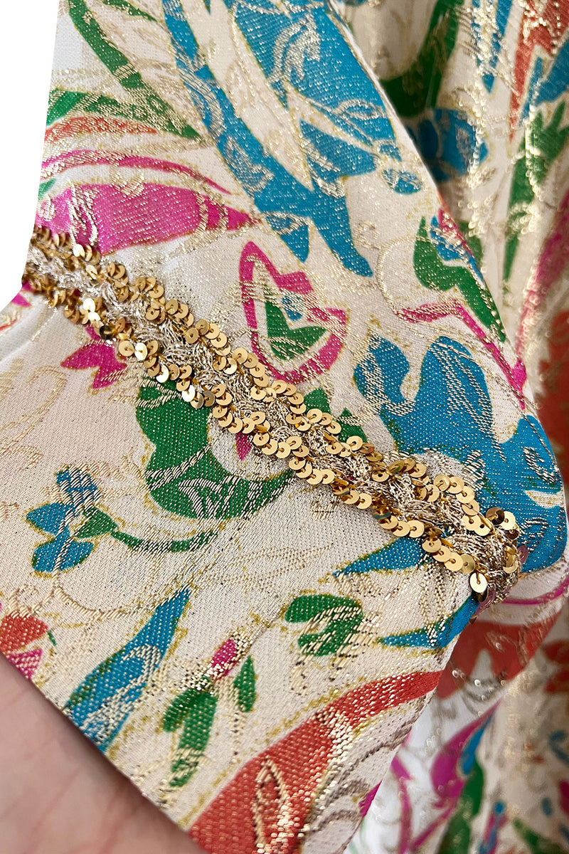 Gorgeous 1960s Lucie Ann Beverly Hills Gold Thread Lame Caftan w Sequin Detailing