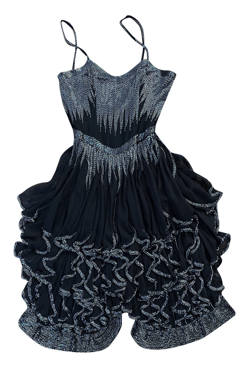 Late 1970s Oleg Cassini Extensively Beaded & Panelled Skirt Black Silk Chiffon Dress