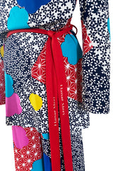 Fantastic 1970s Hanae Mori Bright Floral Print Jersey Pant & Top Set w Signed Belt