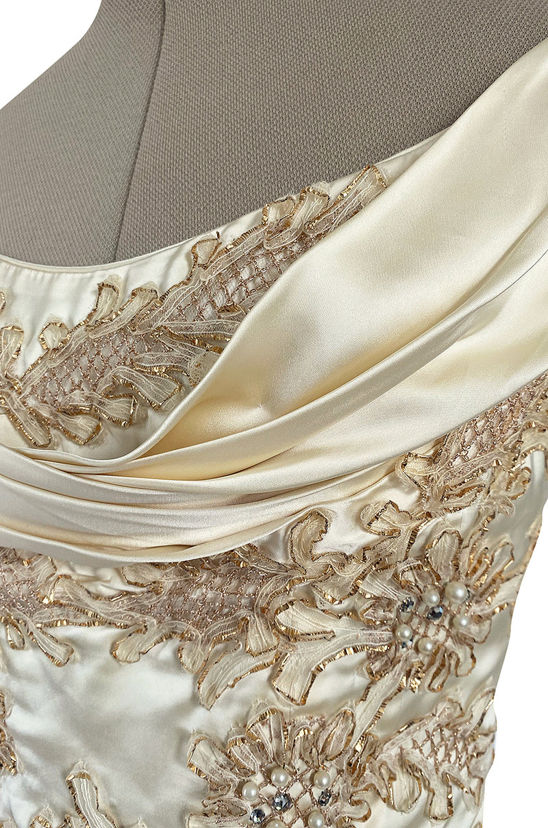Incredible 1950s Ceil Chapman Ivory Silk Satin Dress w Gold Metal Ribbon Detailing