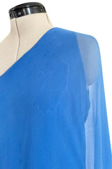 Incredible 1973 Halston One Shoulder Couture Brilliant Blue Silk Chiffon Dress