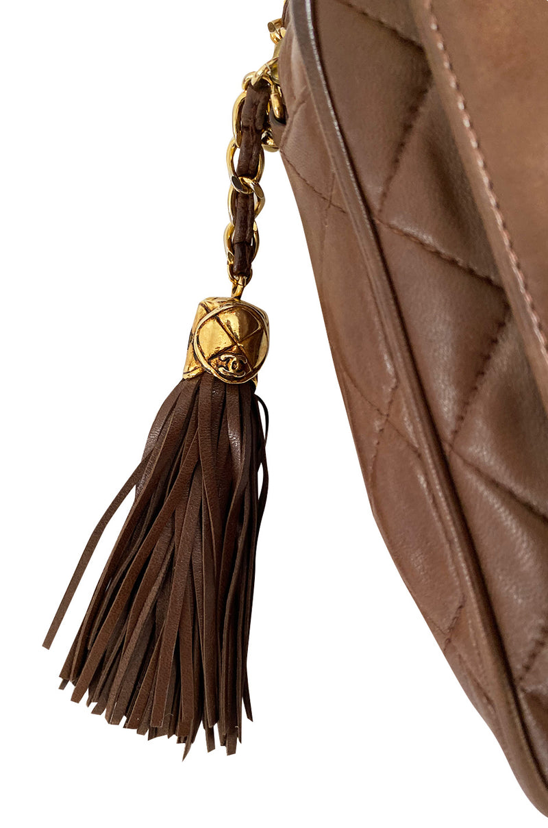 c. 1990 Chanel Quilted Camera Bag w Fringe Tassel & Front Flap Pocket