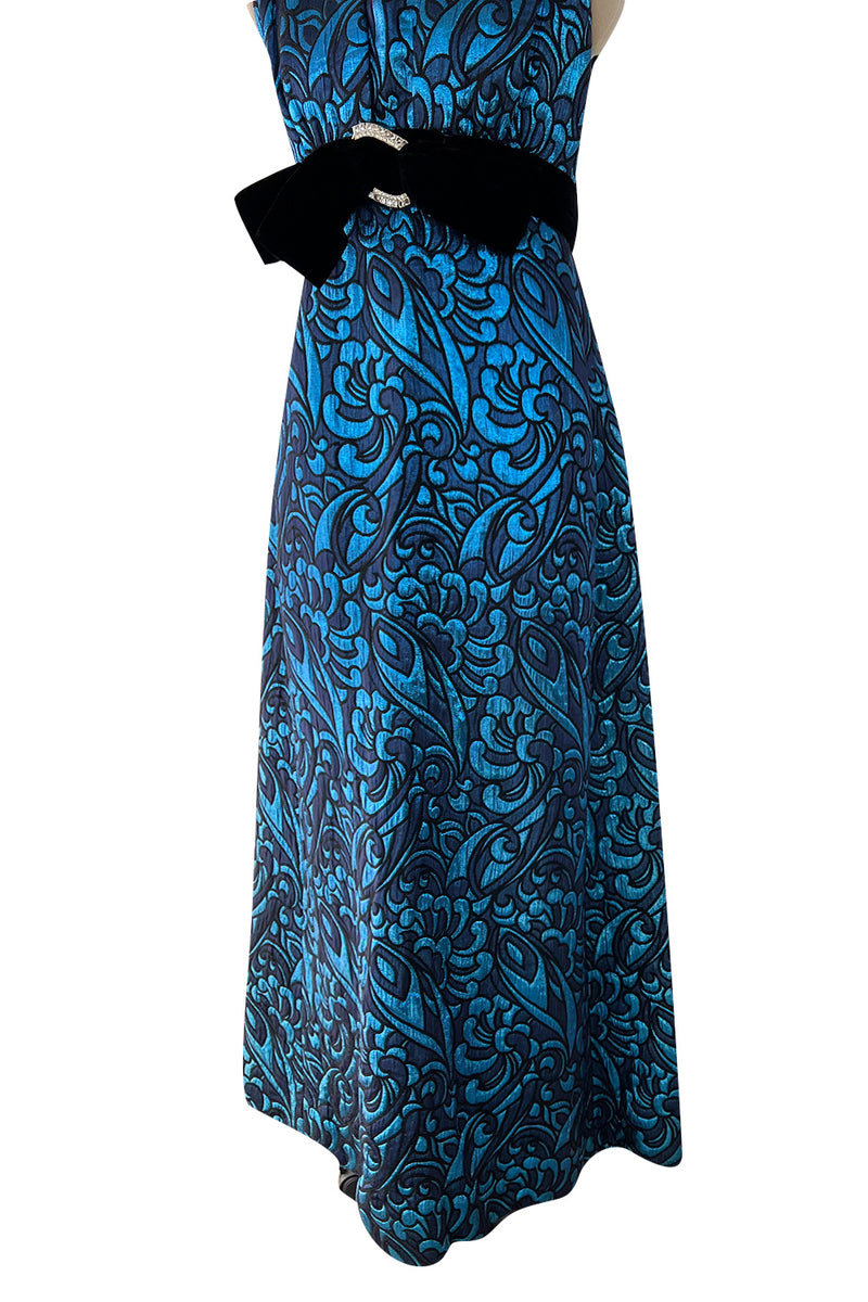 Late 1960s Lanvin by Jules-Francois Crahay Blue Metallic Silk Dress w Bow Detailing