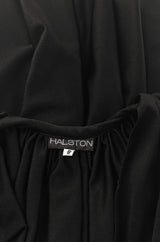 c1976 Halston Black Draped Plunge Front Caped Back Jersey Dress