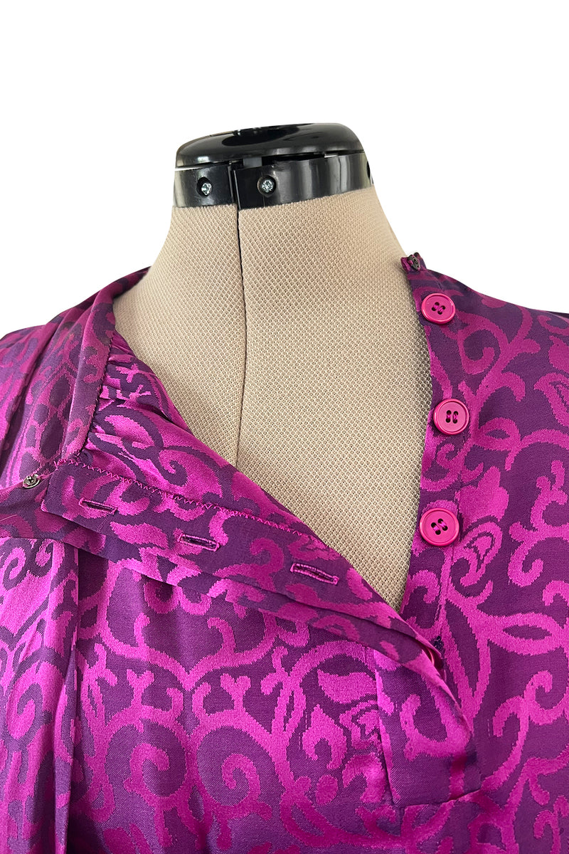 Chic Fall 1994 Yves Saint Laurent Haute Couture Silk Fuschia Dress w Fringed Scarf Detail