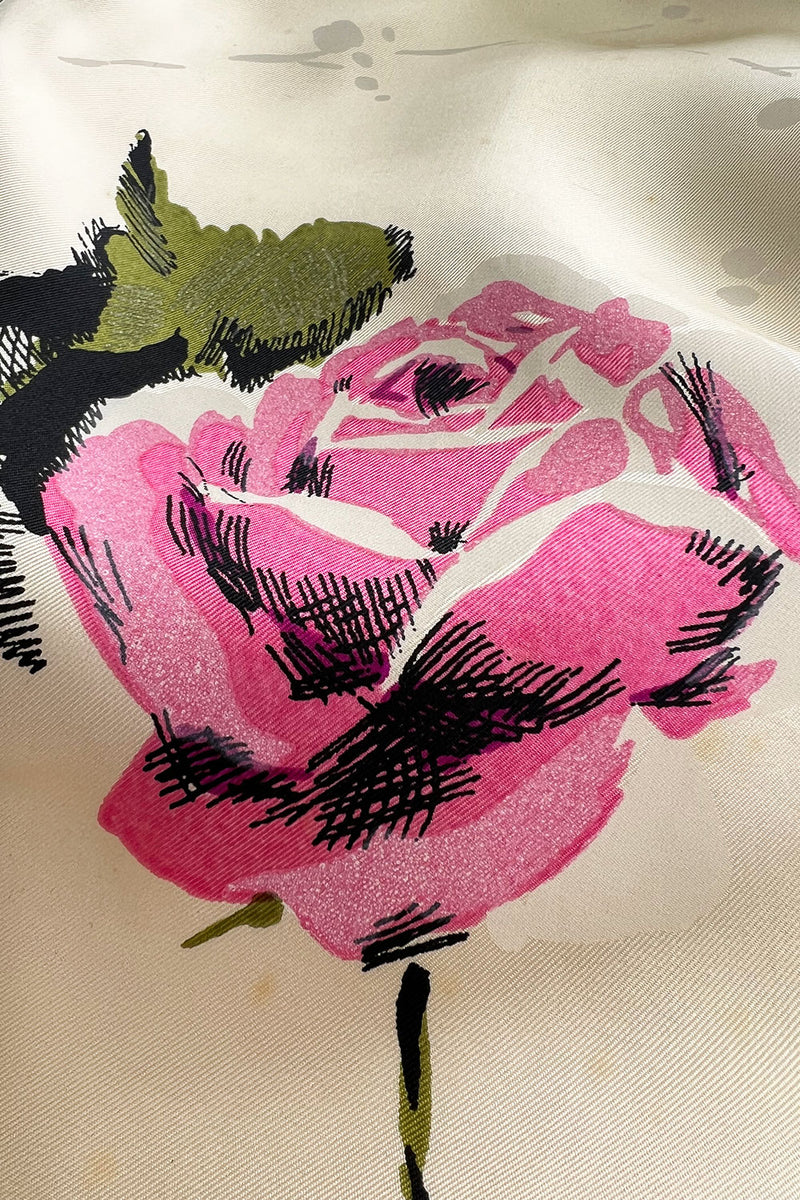 Gorgeous 1940s Unlabeled Ivory Silk Twill Dress w Painted & Appliqued Rose Print