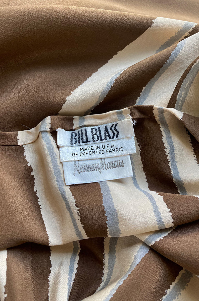 1980s Bill Blass Wavy Stripe & Abstract Print Pattern Soft Brown & Creamy Taupe Silk Caftan Dress