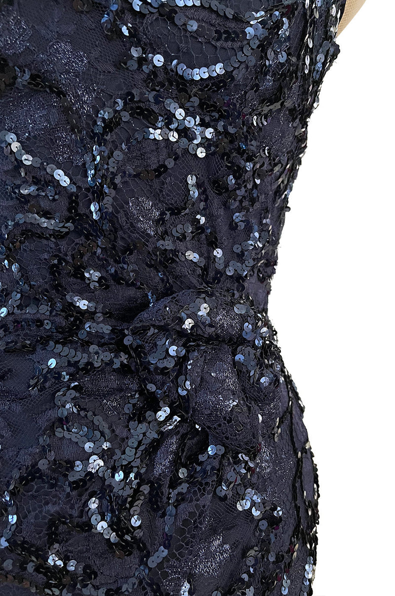 Extraordinary Spring 1984 John Anthony Couture Strapless Blue Sequin Detailed Netted Lace Dress