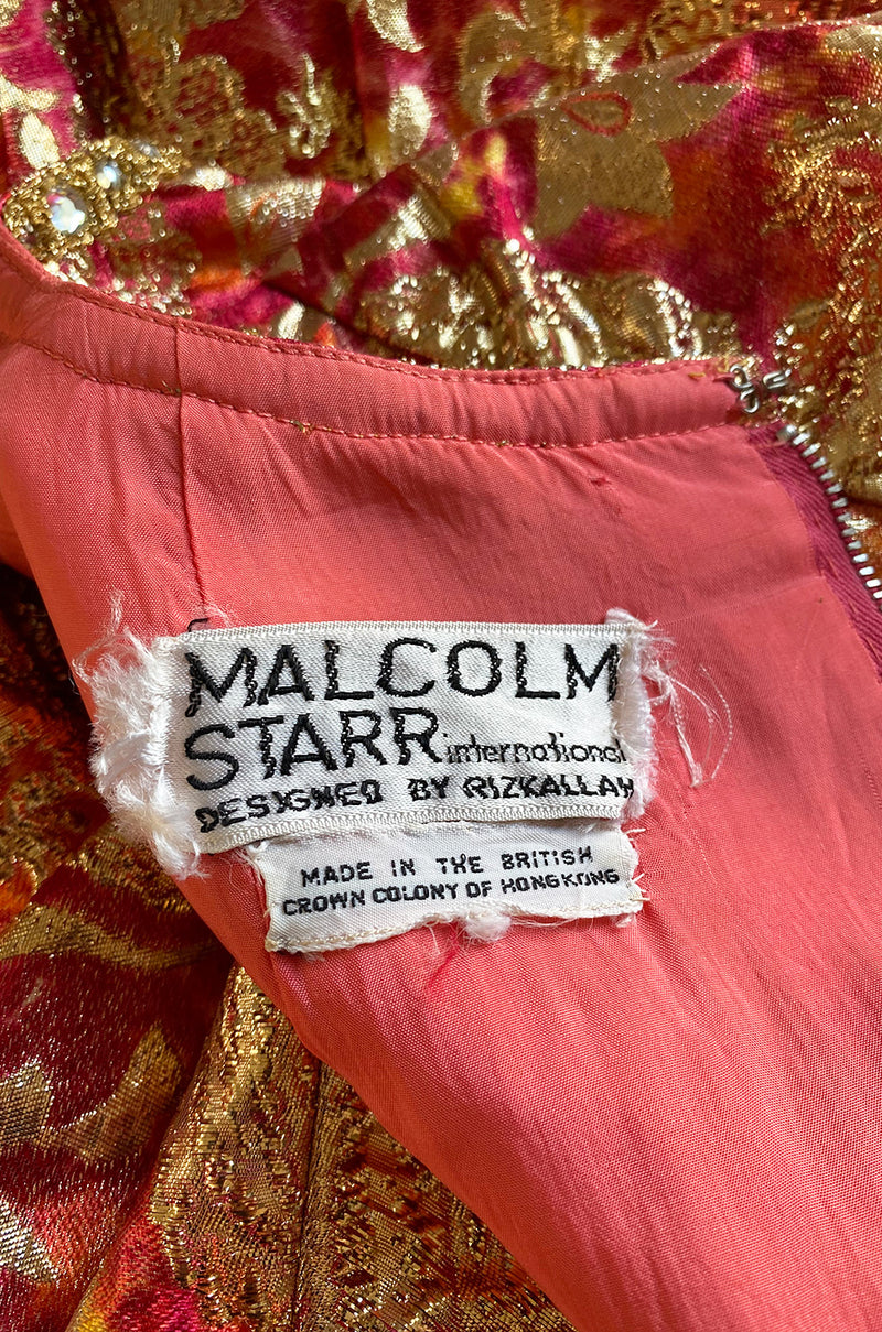 Stunning 1960s Malcolm Starr Light Silk Brocade Coral Red & Gold Metallic Thread Dress
