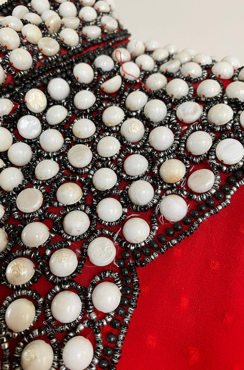 Striking 1970s Red Dotted Chiffon White Beaded Caftan Dress w Kimono Sleeves