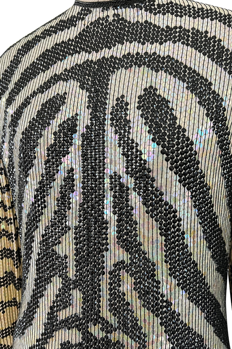 Iconic Late 1970s Halston Rare Iridescent Gold & Black Sequin Tiger Print Dress