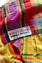 1972 Donald Brooks Textured Cotton Plaid Print Dress w Embroidered Flower Trim