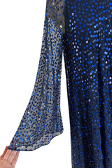 Incredible 1970-1972 Mollie Parnis Blue Sequin on Silk Chiffon Caftan Dress w Wide Sleeves