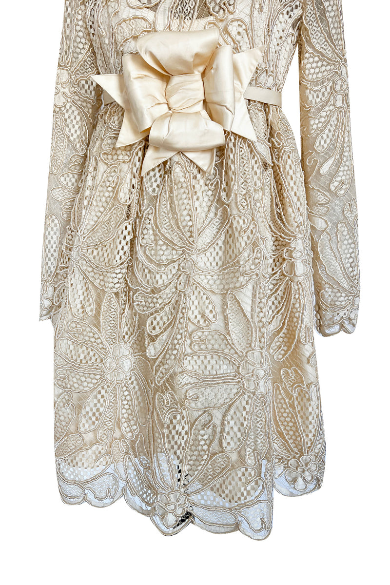 Extraordinary 1960s Donald Brooks Couture Ivory Net Lace & Silk Cord Babydoll Dress