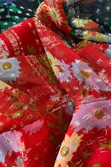 1960s Mollie Parnis Metallic Gold, Red & Black Floral Print Silk Dress