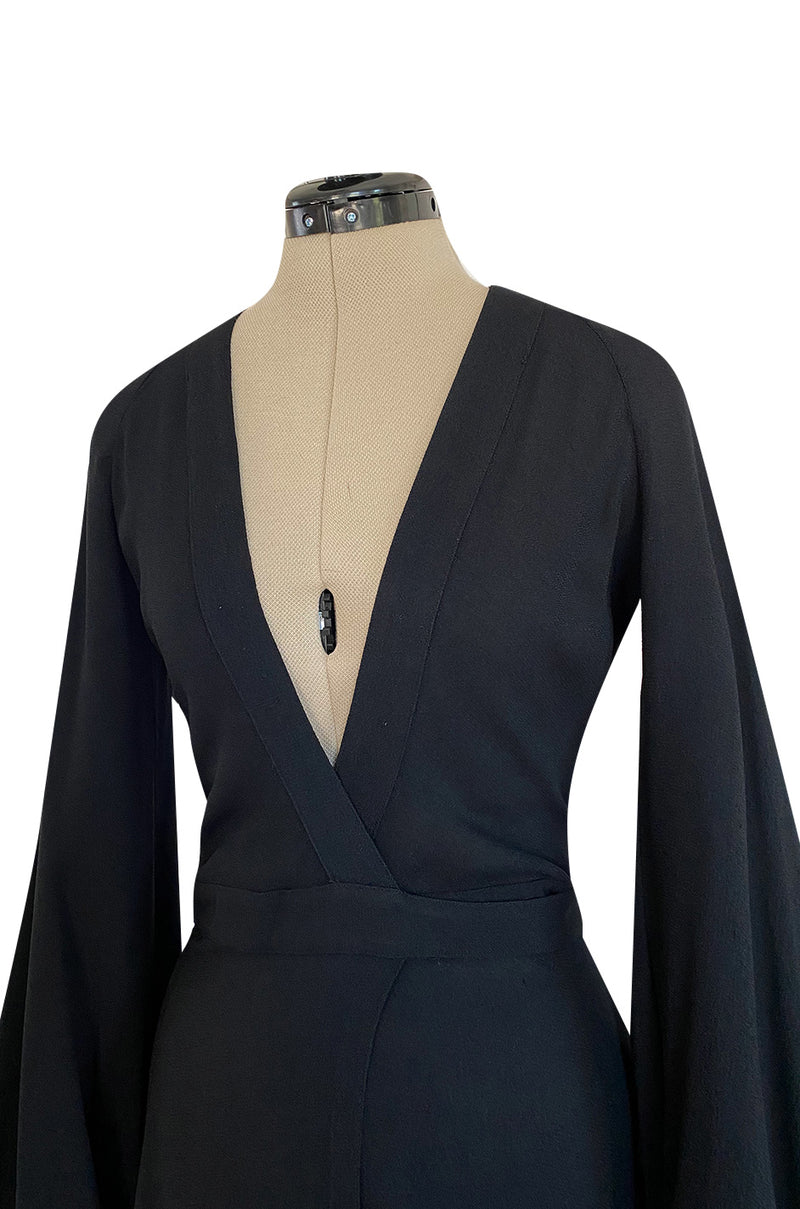 Iconic 1972 Ossie Clark Couture Black Moss Crepe Open Back Wrapped Dress w Bishop Sleeves