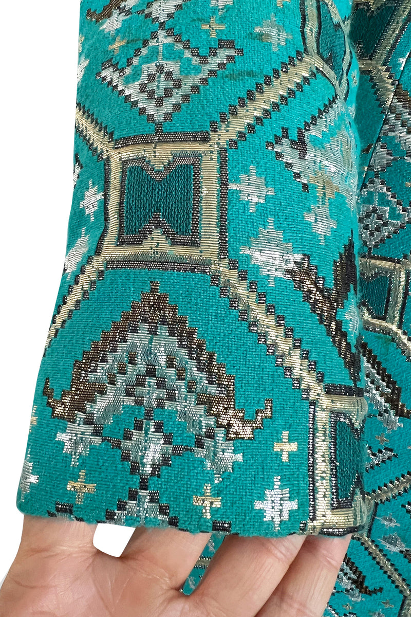 Gorgeous 1970s Mollie Parnis Turquoise Dress w Metallic Gold & Silver Detailing