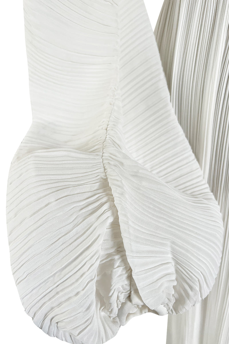 Incredible Spring 1978 Halston Plunged & Pleated White Wrap Silk Chiffon Runway Dress