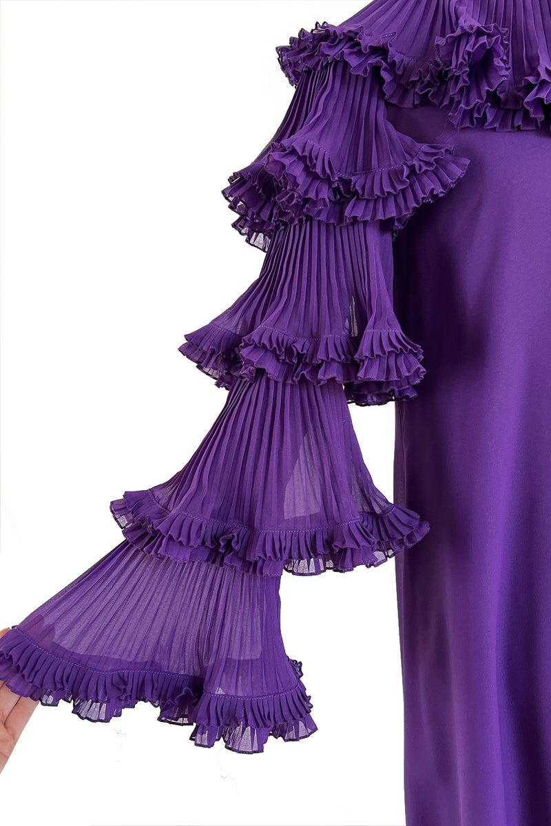 Unusual 1970s Miss Dior Purple Silk Chiffon Tiered & Pleated Sleeve Caftan Dress