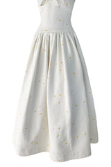 Prettiest 1960s Nina Ricci White Cotton Waffle Weave Pique Dress w Embroidered Daisies